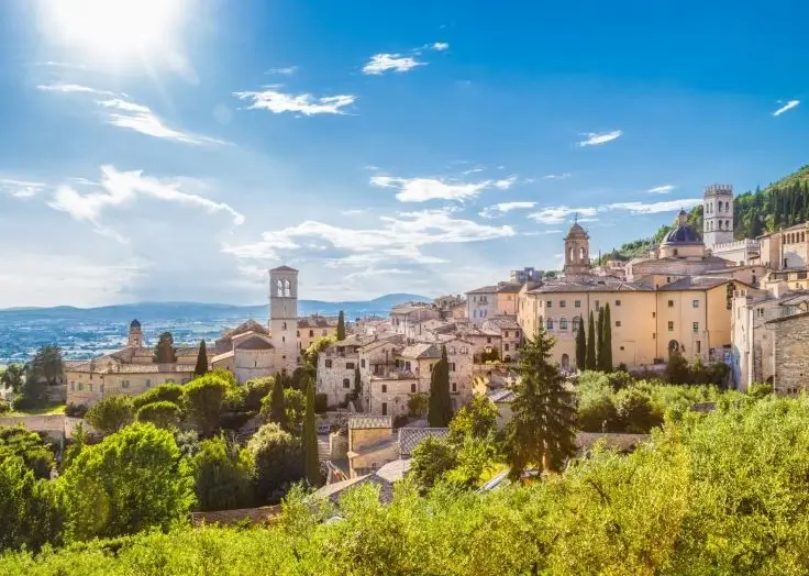 Skyline of Assisi showcasing ancient architecture and lush landscapes.